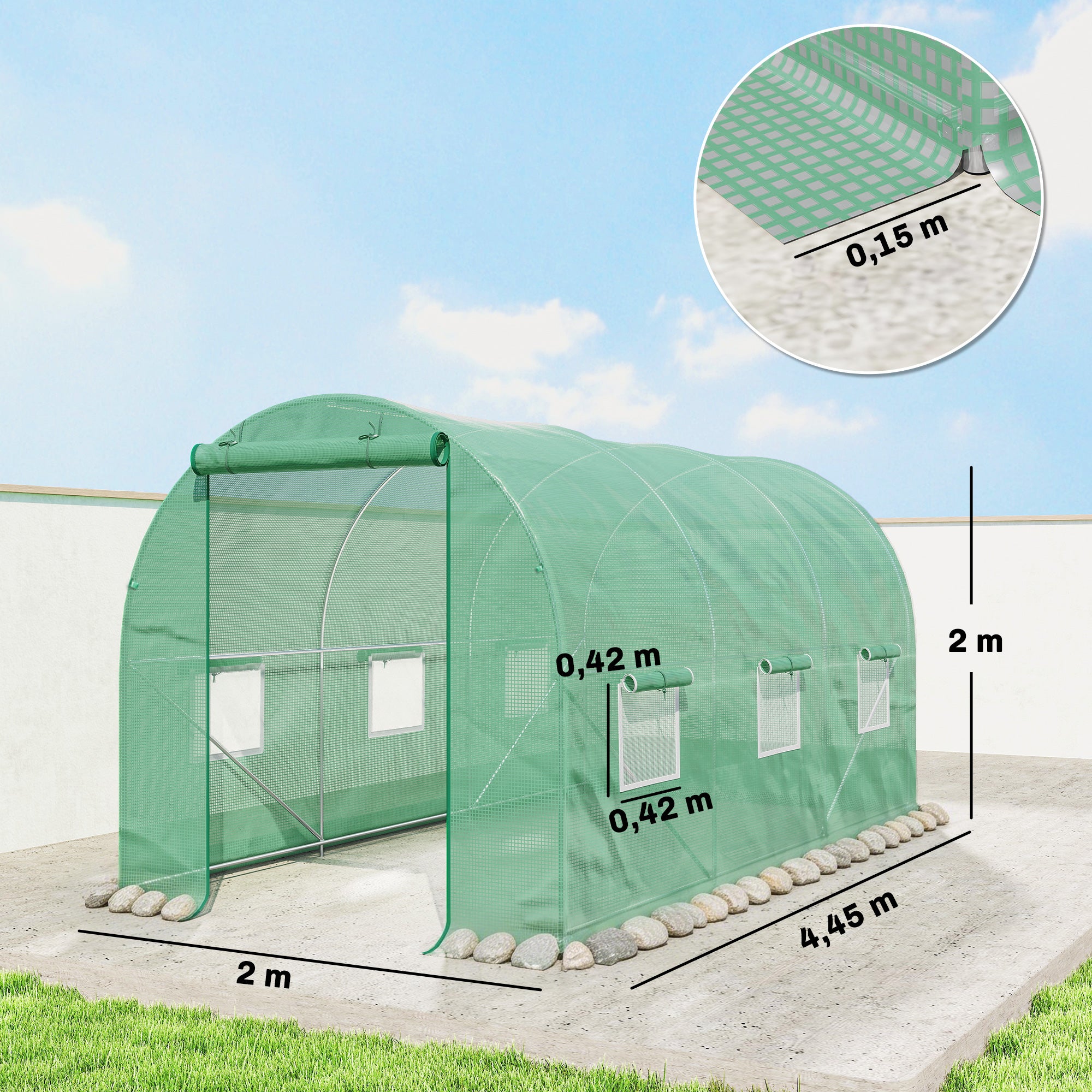 Serre de Jardin Tunnel 4,5L x 2l x 2H m châssis Tubulaire Acier galvanisé renforcé 1,8 cm 6 fenêtres 1 Porte