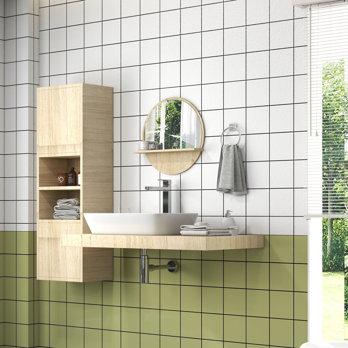 Miroir rond mural de salle de bain avec 1 étagère de rangement - Ø 45 x 10H cm - panneau de particules