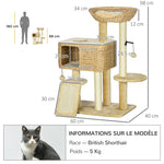 Arbre à chat avec griffoir niche panier d'observation plateformes pompon suspendus 60 x 40 x 98 cm beige