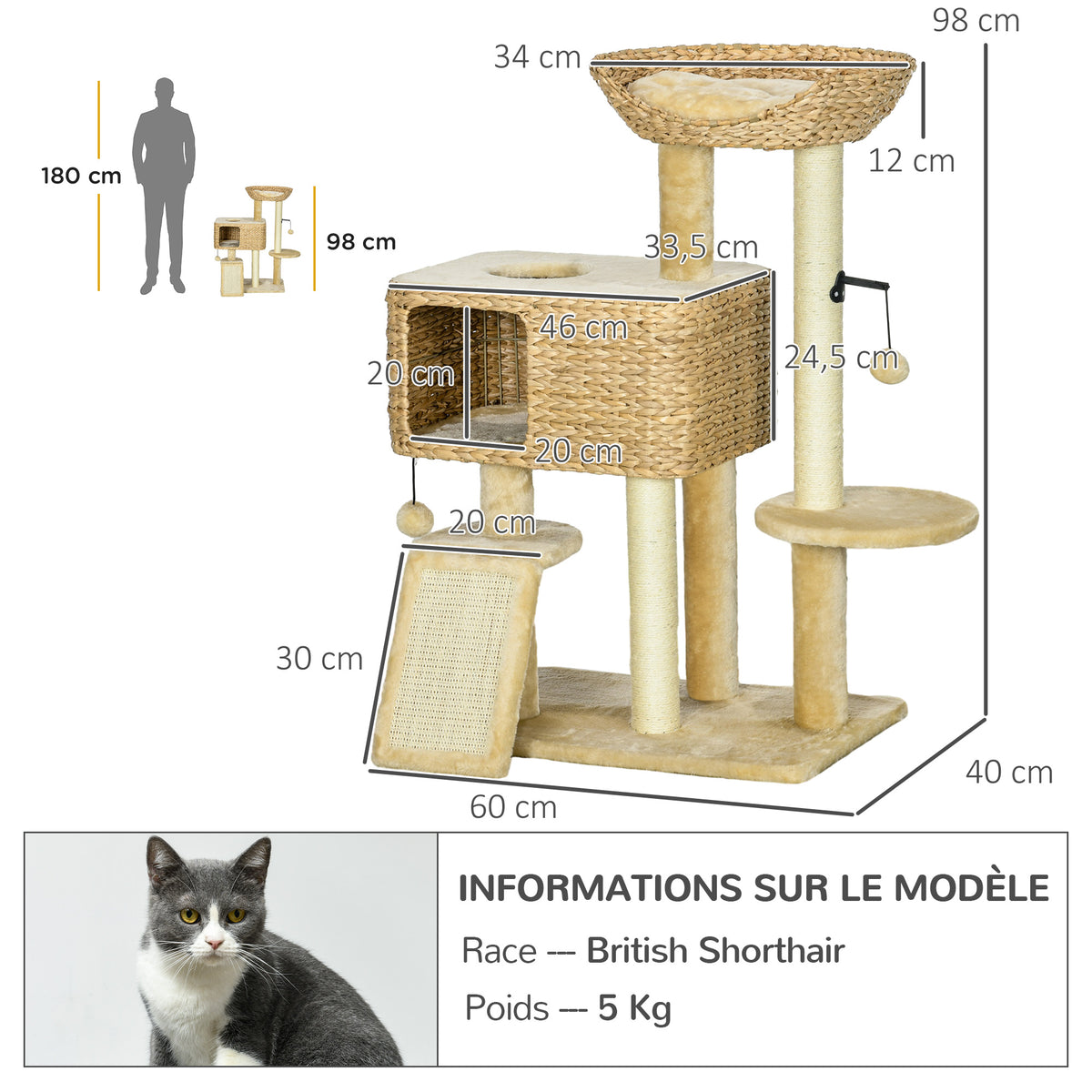 Arbre à chat avec griffoir niche panier d'observation plateformes pompon suspendus 60 x 40 x 98 cm beige