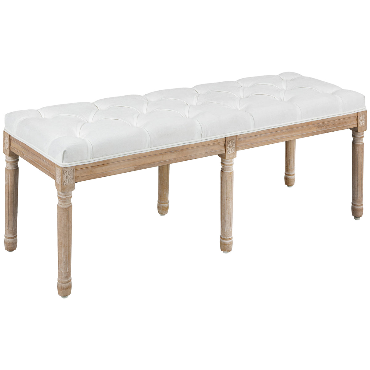 Banc bout de lit banquette capitonnée style vintage français revêtement tissu aspect lin pieds en bois massif crème