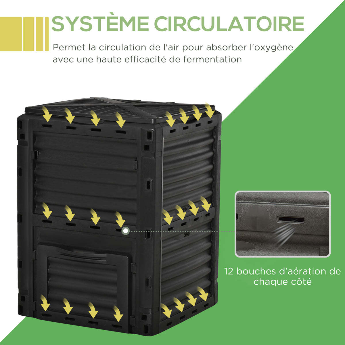 Tuincompostvat 300L compostbak voor de tuin van polypropyleen 48 ventilatieopeningen 60,5 x 60,5 x 81,5 cm zwart
