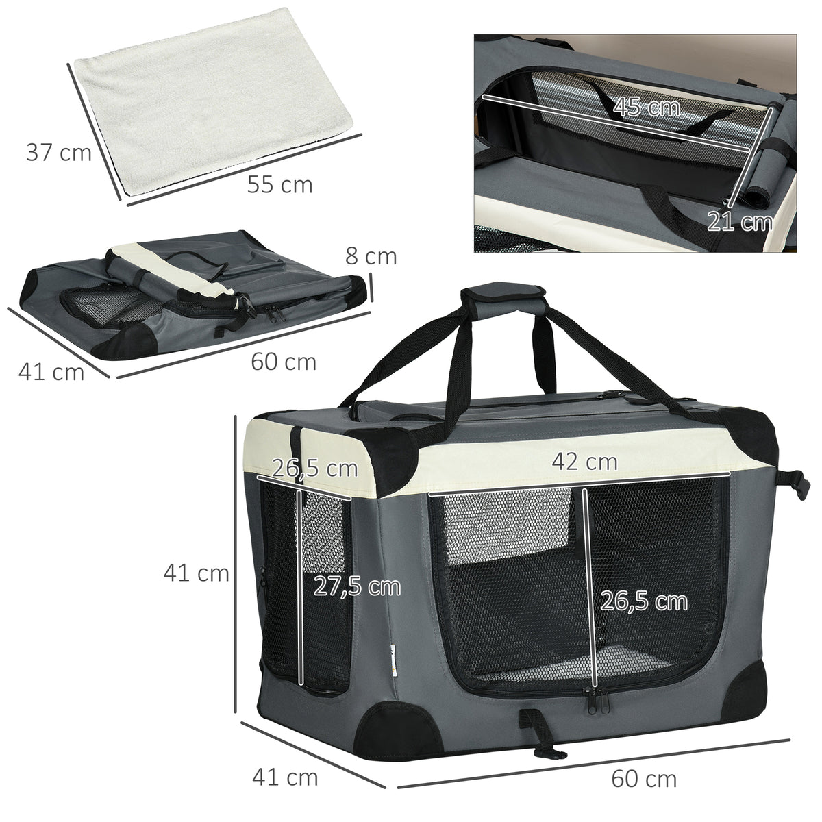 Sac de transport pliable - poignée, 3 entrées zippées, poche - coussin amovible - acier oxford polyester gris noir