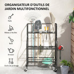 Organiseur d'outils de jardin, support à outils de jardin 54 emplacements 5 crochets en acier sur roues 3 niveaux noir