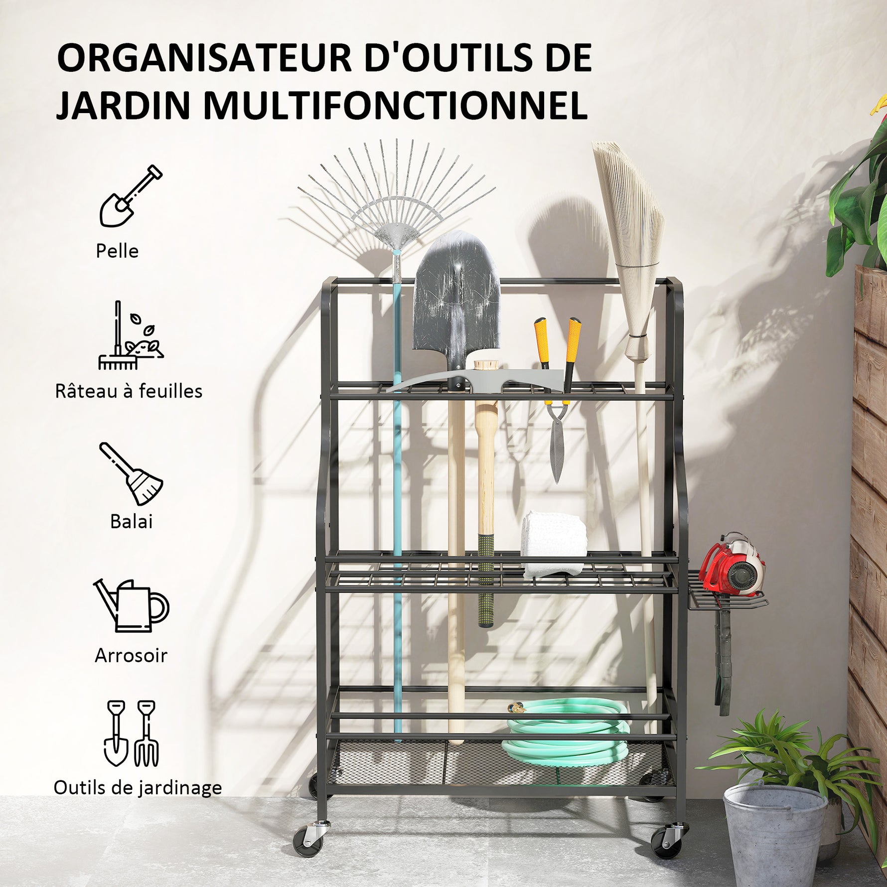 Organiseur d'outils de jardin, support à outils de jardin 54 emplacements 5 crochets en acier sur roues 3 niveaux noir