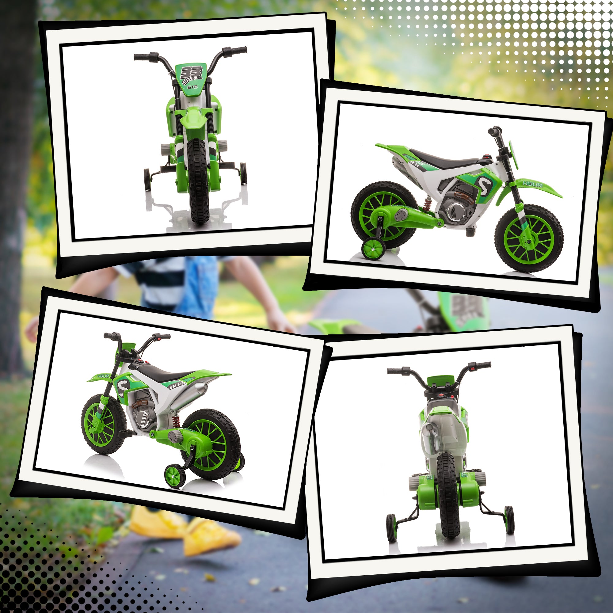 Moto Cross électrique pour Enfant 3 à 5 Ans 12 V 3-8 Km/h avec roulettes latérales Amovibles dim. 106,5L x 51,5l x 68H cm Vert