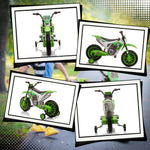 Moto Cross électrique pour Enfant 3 à 5 Ans 12 V 3-8 Km/h avec roulettes latérales Amovibles dim. 106,5L x 51,5l x 68H cm Vert