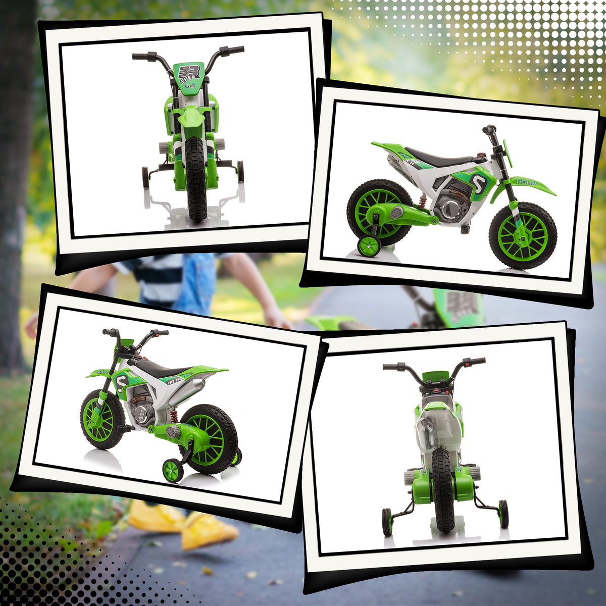 Moto Cross électrique pour Enfant 3 à 5 Ans 12 V 3-8 Km/h avec roulettes latérales Amovibles dim. 106,5L x 51,5l x 68H cm Vert