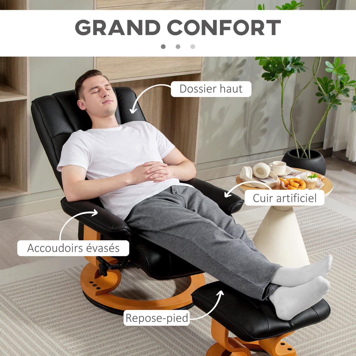 Fauteuil de relaxation inclinable avec repose-pied, pivotant, cadre en bois , revêtement synthétique noir