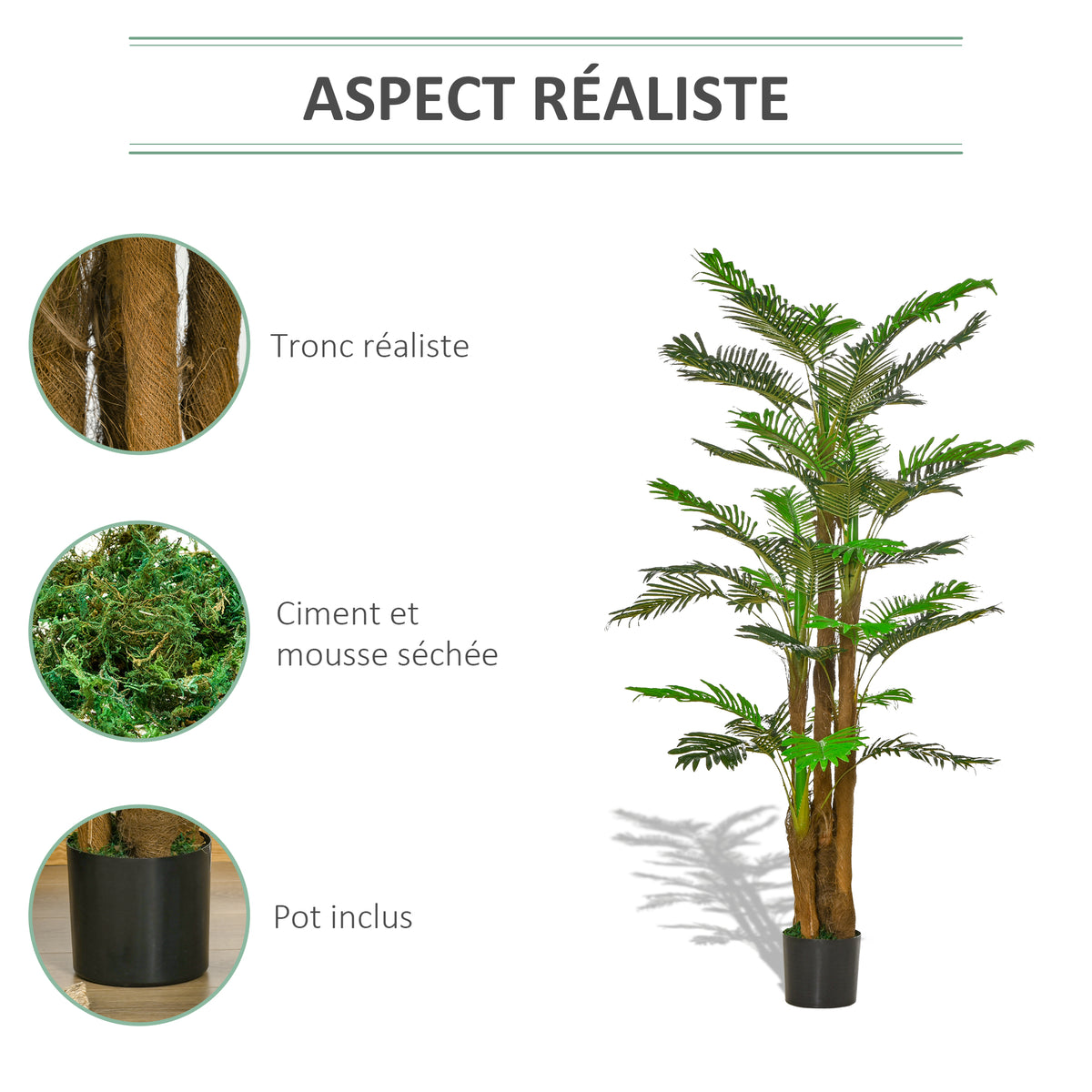 Palmier Artificiel H.1,85 m Arbre Artificiel Tronc Branches Lichen Feuilles Grand réalisme Pot Inclus