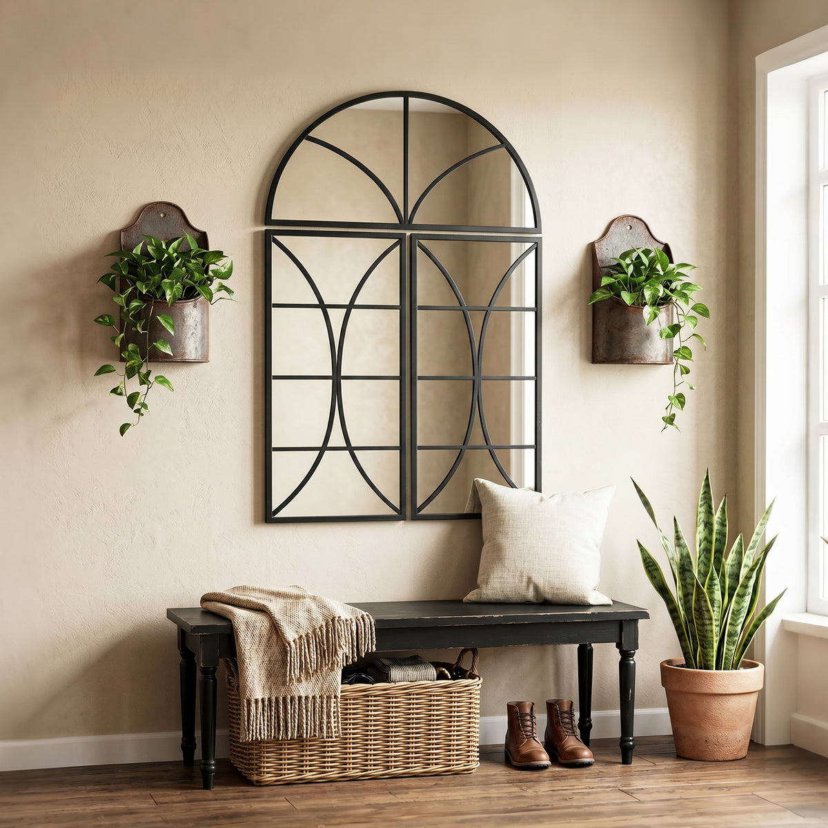 Miroir mural arqué 80 x 120 cm, lot de 3 pièces, miroir verrière en forme de fenêtre, verre trempé et métal, noir