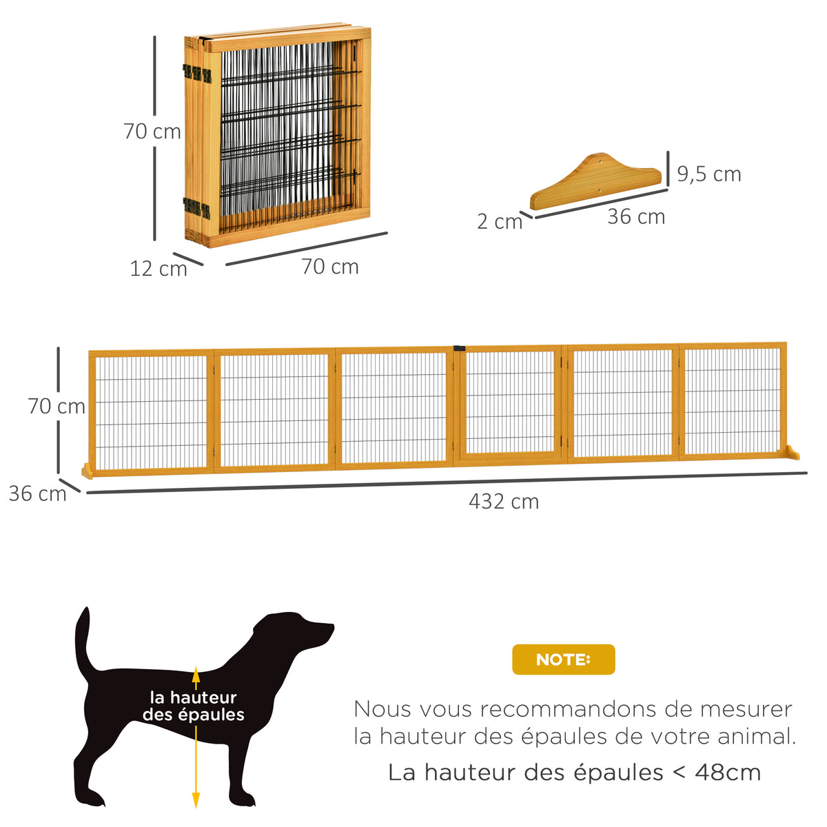 Barrière de sécurité pour chien barrière pliable à 6 panneaux avec pieds amovibles 432 x 36 x 70 cm jaune