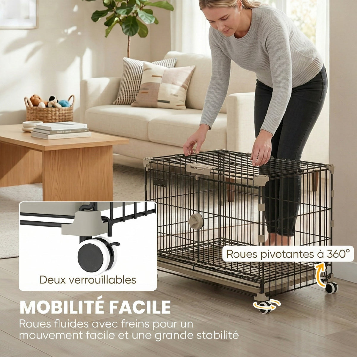 Cage pour Chien, Plateau Amovible, Roues avec Freins, Toit Ouvrant Verrouillable, 60,5x45,5x54,5cm, Noir