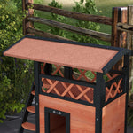 Buitenkattenhuis met terras, trap, dak, villa-nachthok, 77 x 50 x 73 cm bruin en rood