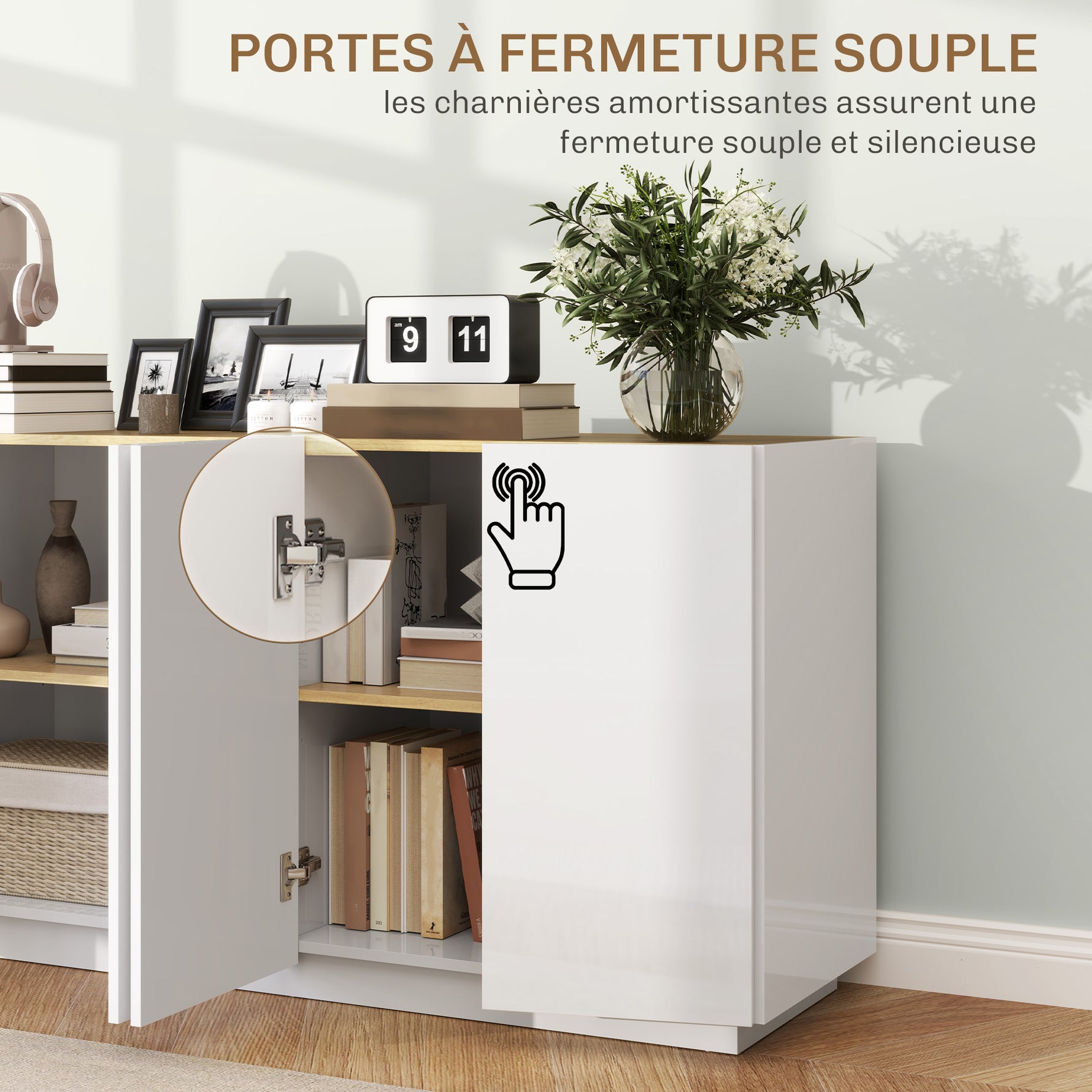 Buffet salle à manger buffet cuisine 4 portes à fermeture douce et étagères réglables 140l x 40P x 75H cm blanc laqué