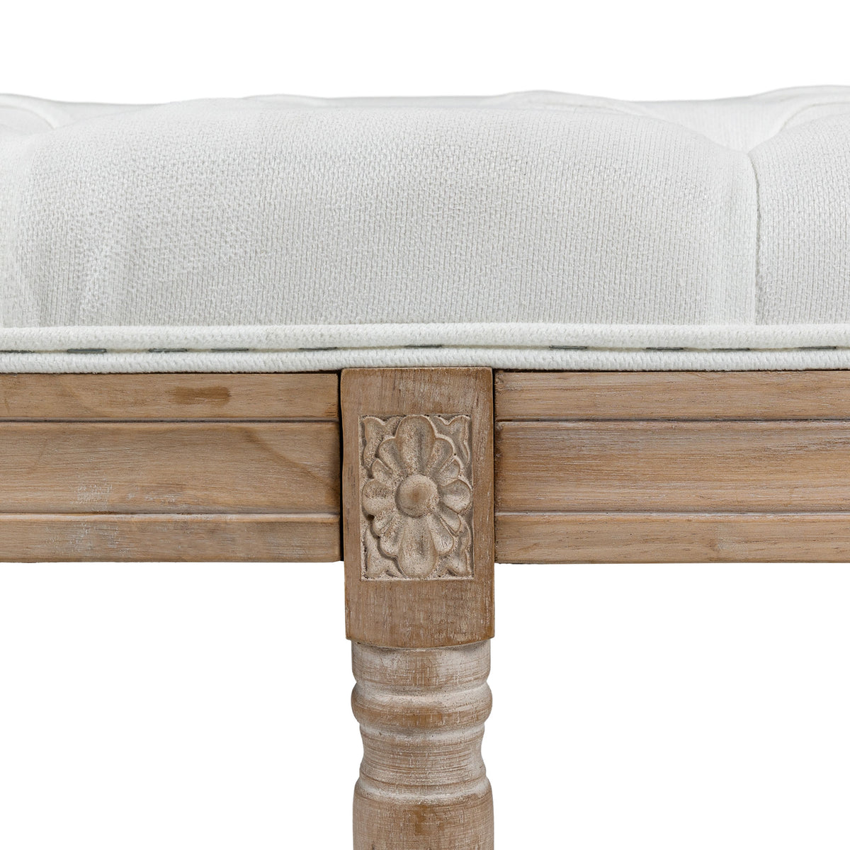 Banc bout de lit banquette capitonnée style vintage français revêtement tissu aspect lin pieds en bois massif crème
