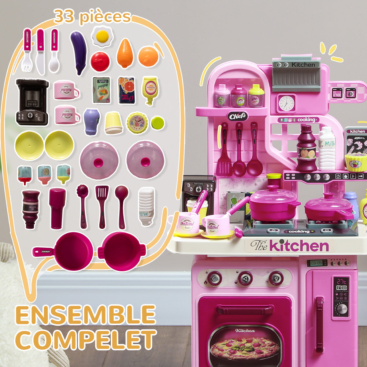 Cuisine enfant accessoires 33 PCS jouet d'imitation pour enfant dinette enfant 3-6 ans lumières et sons réalistes rose