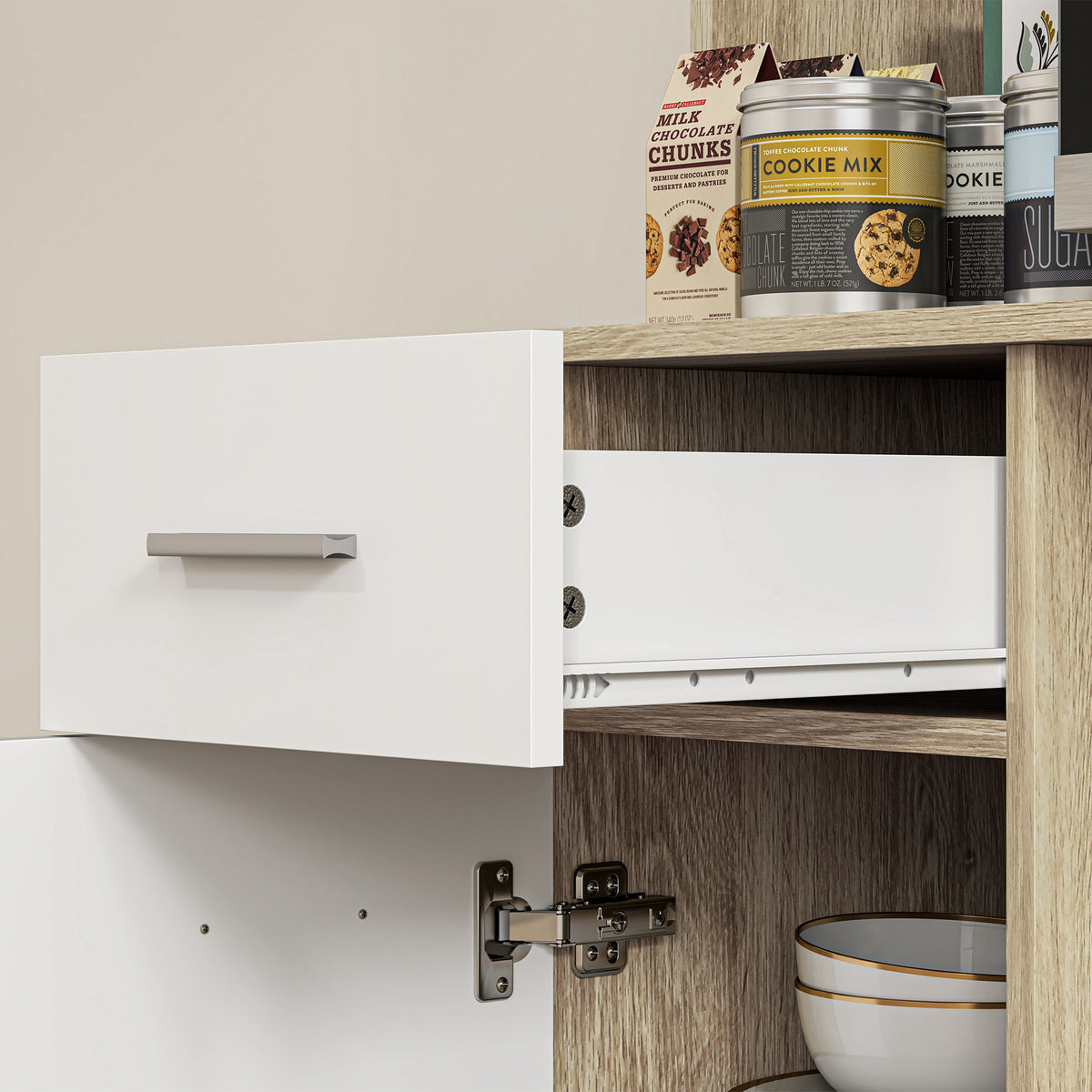 Armoire de cuisine haute, meuble de rangement moderne avec étagères réglables, tiroir, blanc et aspect bois