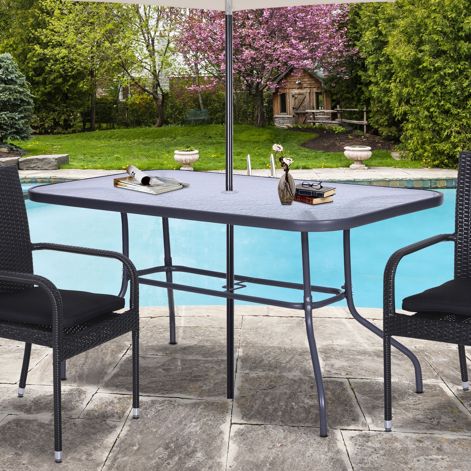 Table de Jardin rectangulaire dim. 140L X 80l x 70H cm métal époxy Gris Plateau Verre trempé