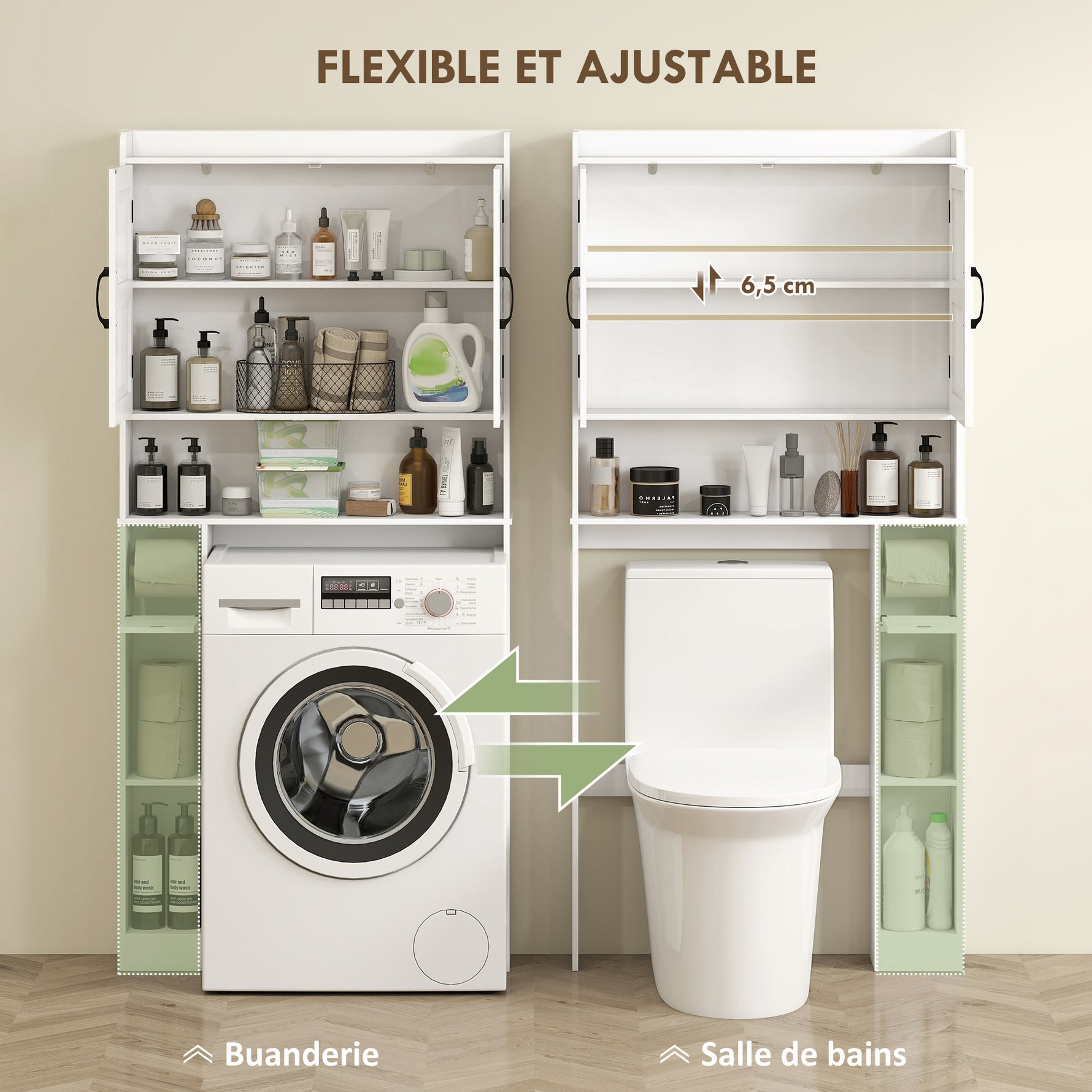Meuble WC dessus de toilette meuble salle de bain avec placard à porte double et porte-papier 80x19,5x170cm blanc