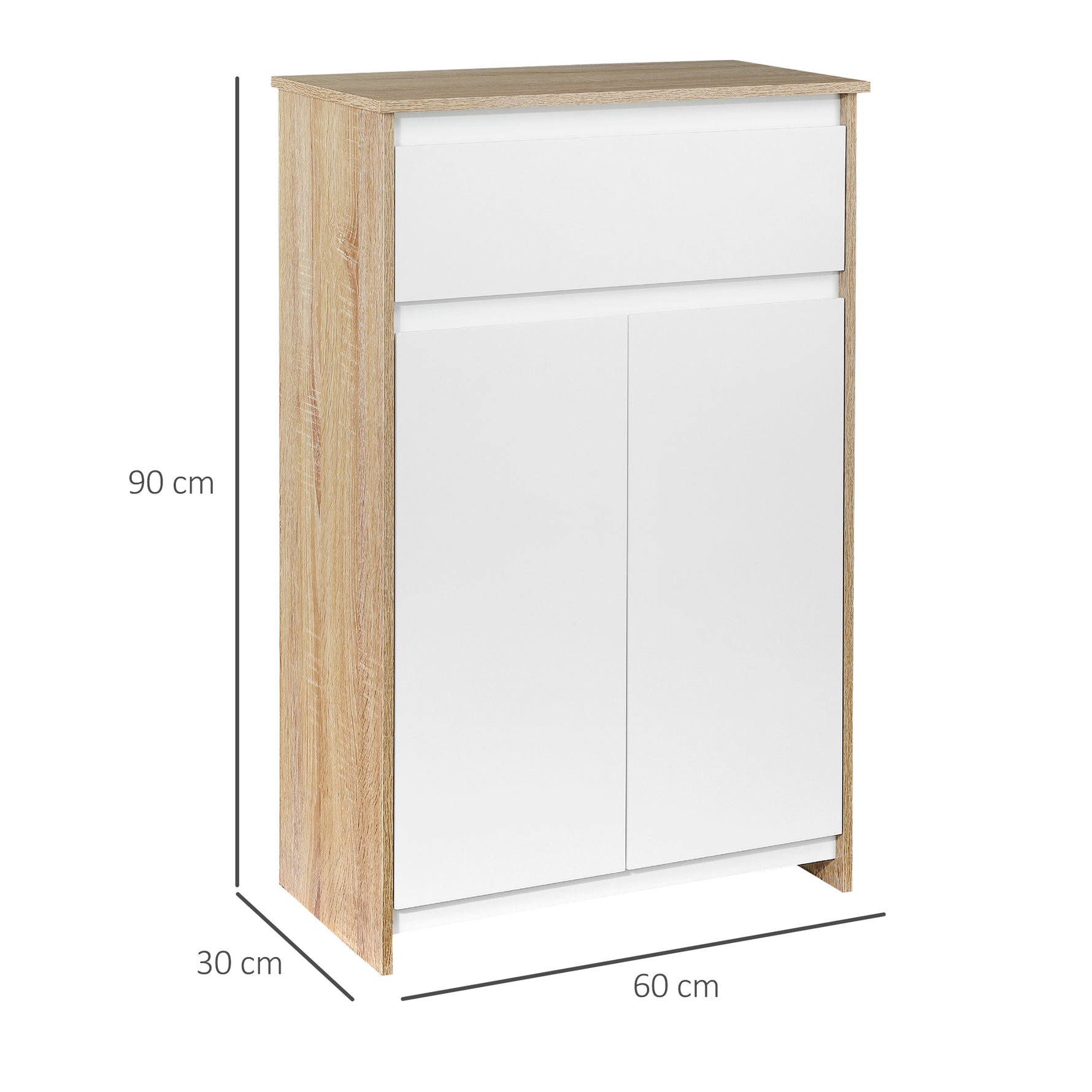 Meuble de salle de bain, meuble de rangement, tiroir et placard double porte, 60x30x90cm, blanc et effet bois naturel