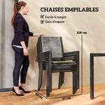 Table de jardin extérieure avec 6 chaises empilables, plateau à lattes 150 cm, structure en acier anti-rouille, noir