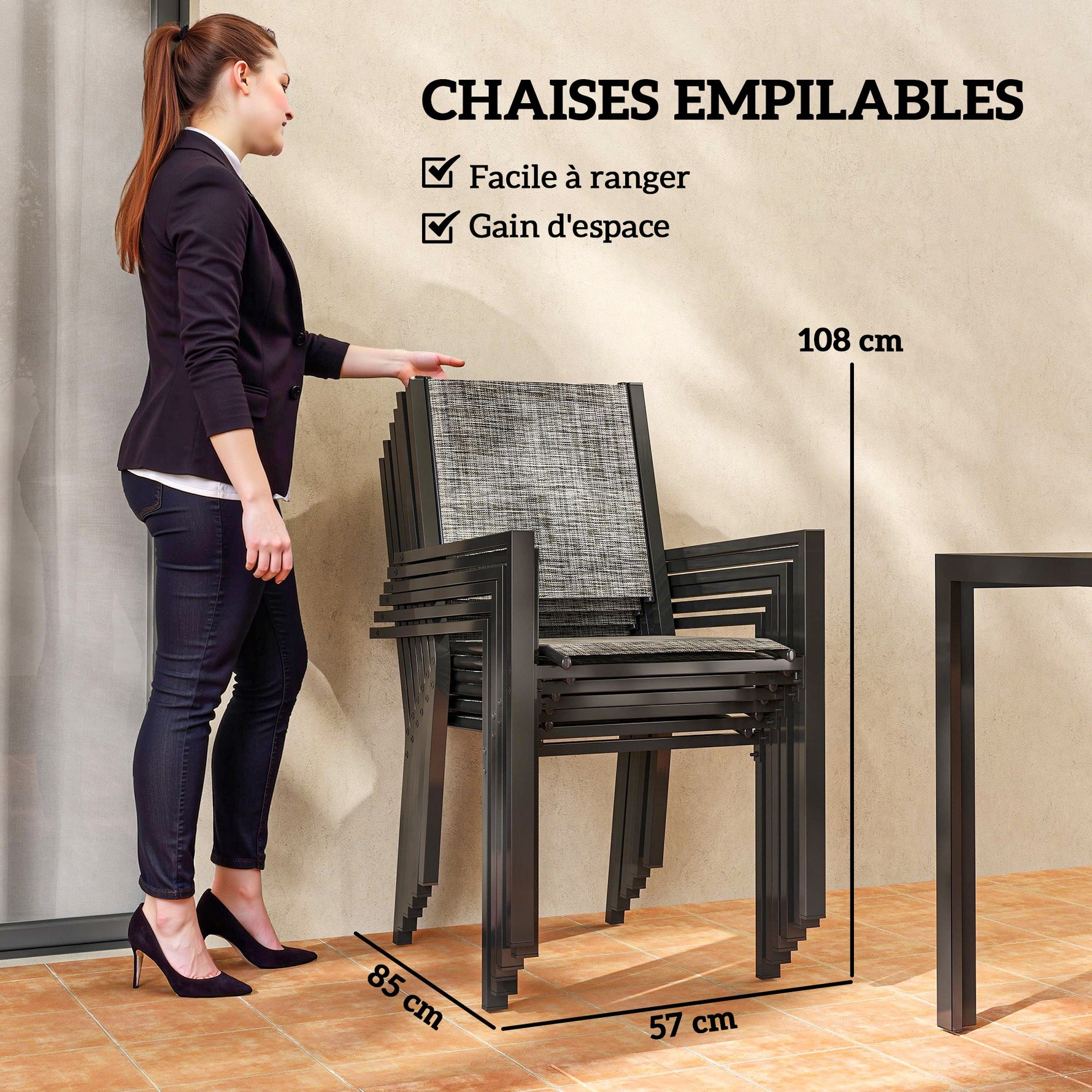 Table de jardin extérieure avec 6 chaises empilables, plateau à lattes 150 cm, structure en acier anti-rouille, noir