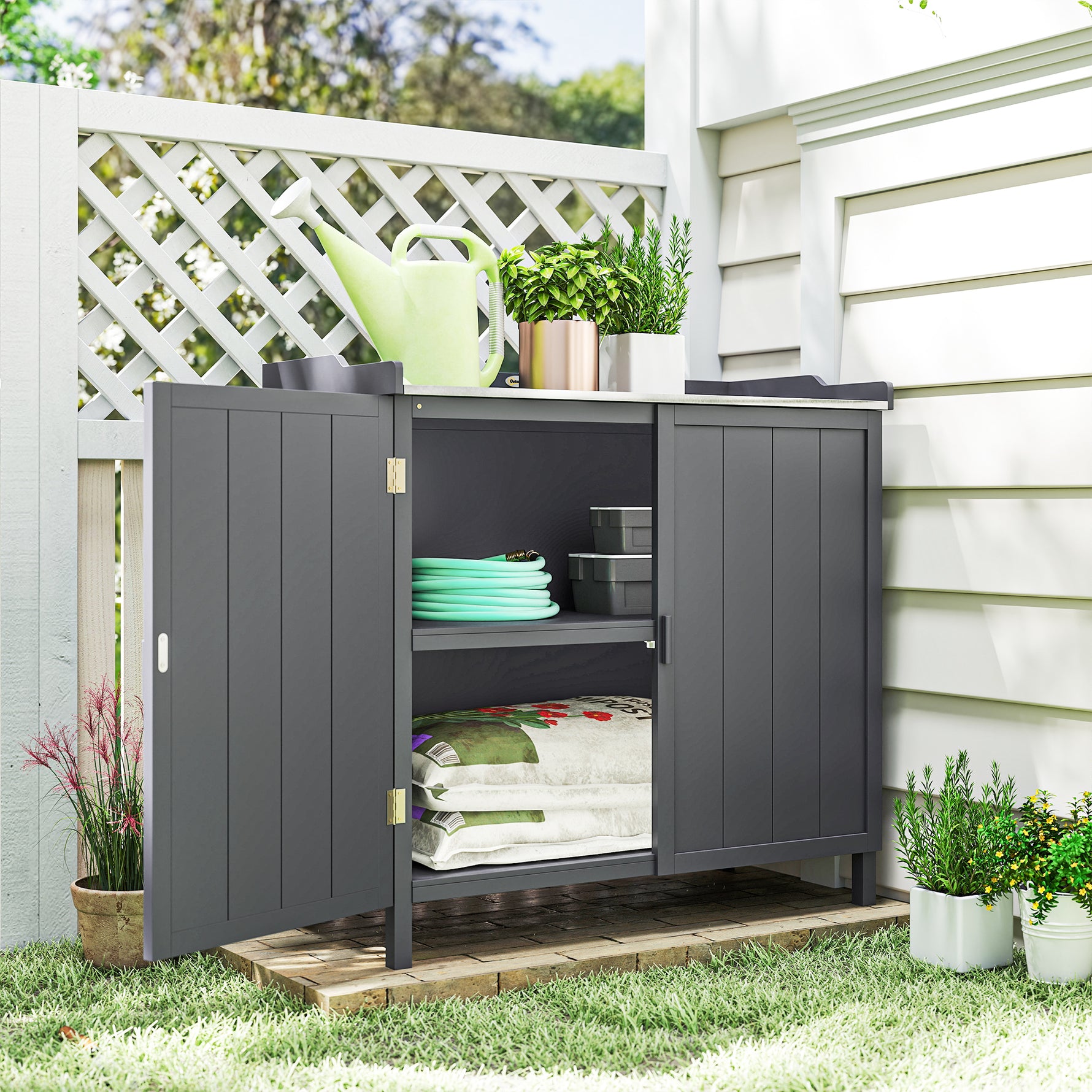 Armoire de rangement de jardin sur pied, table de rempotage 2 en 1 double porte, étagère, plateau métal galvanisé - gris