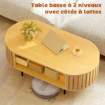Table basse ovale, table de salon avec rangement, coins arrondis, design lattes, 100 x 50 x 40 cm, effet bois naturel