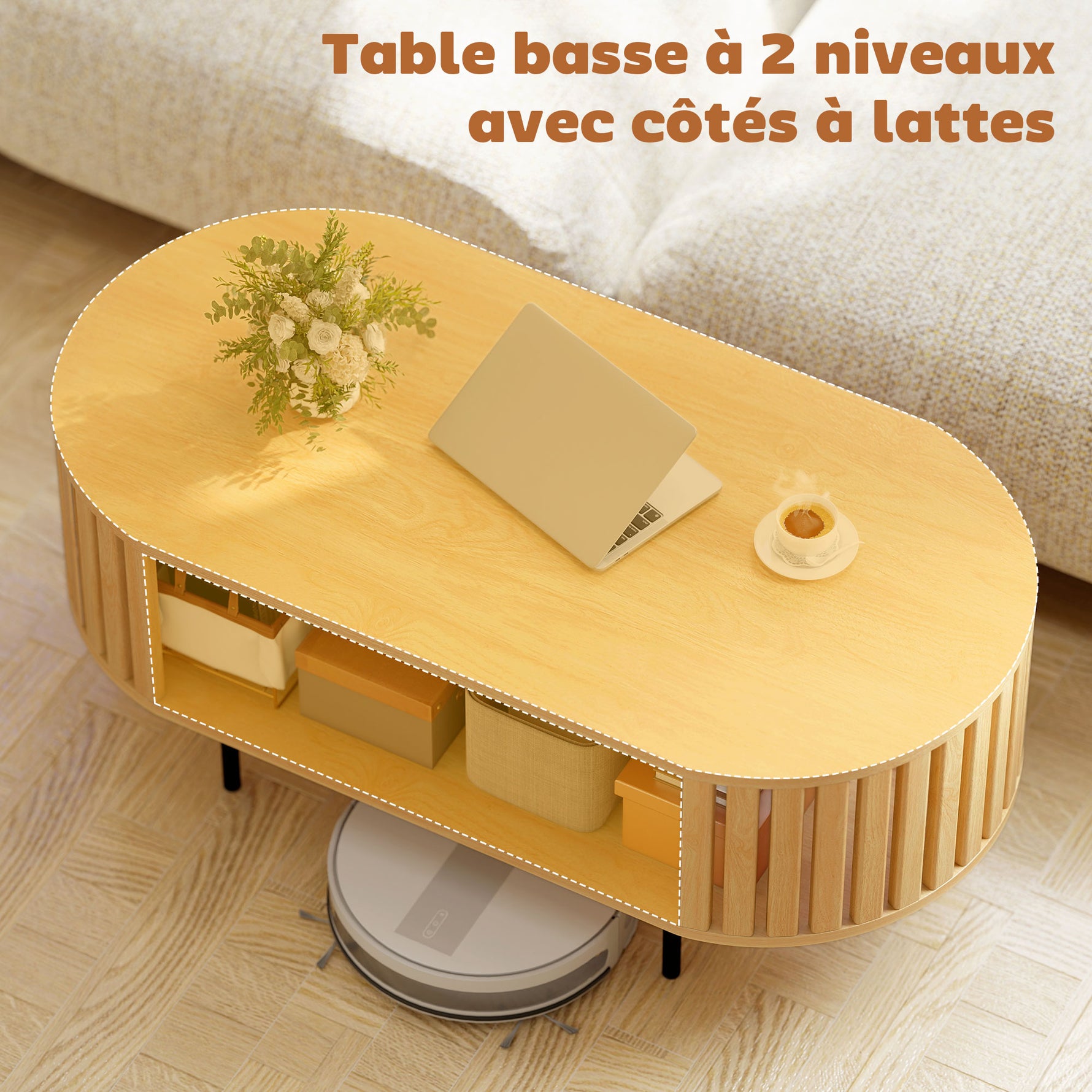 Table basse ovale, table de salon avec rangement, coins arrondis, design lattes, 100 x 50 x 40 cm, effet bois naturel