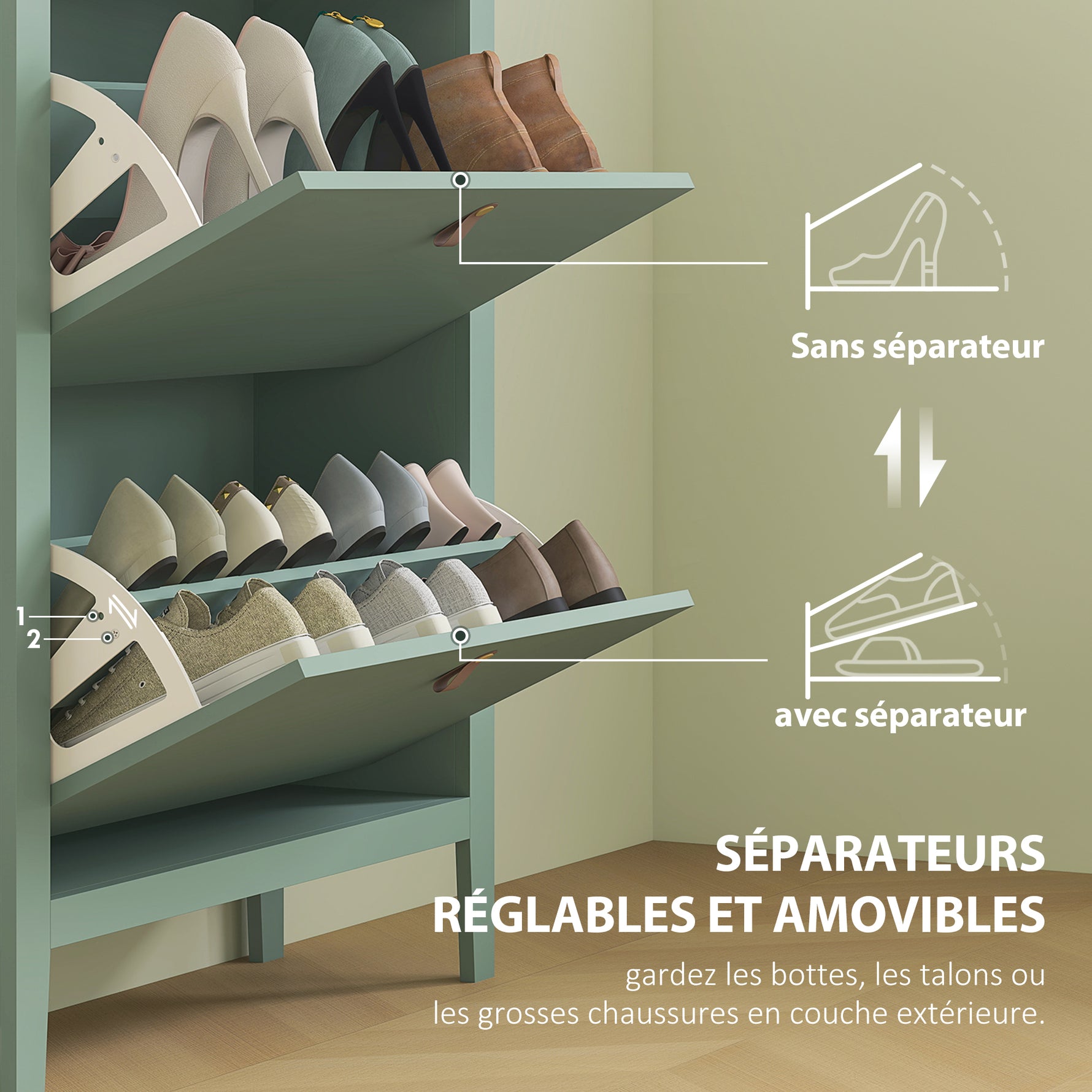 Meuble à chaussures 14 paires, armoire à chaussures avec 2 tiroirs rabattables, étagères amovibles et réglables, vert