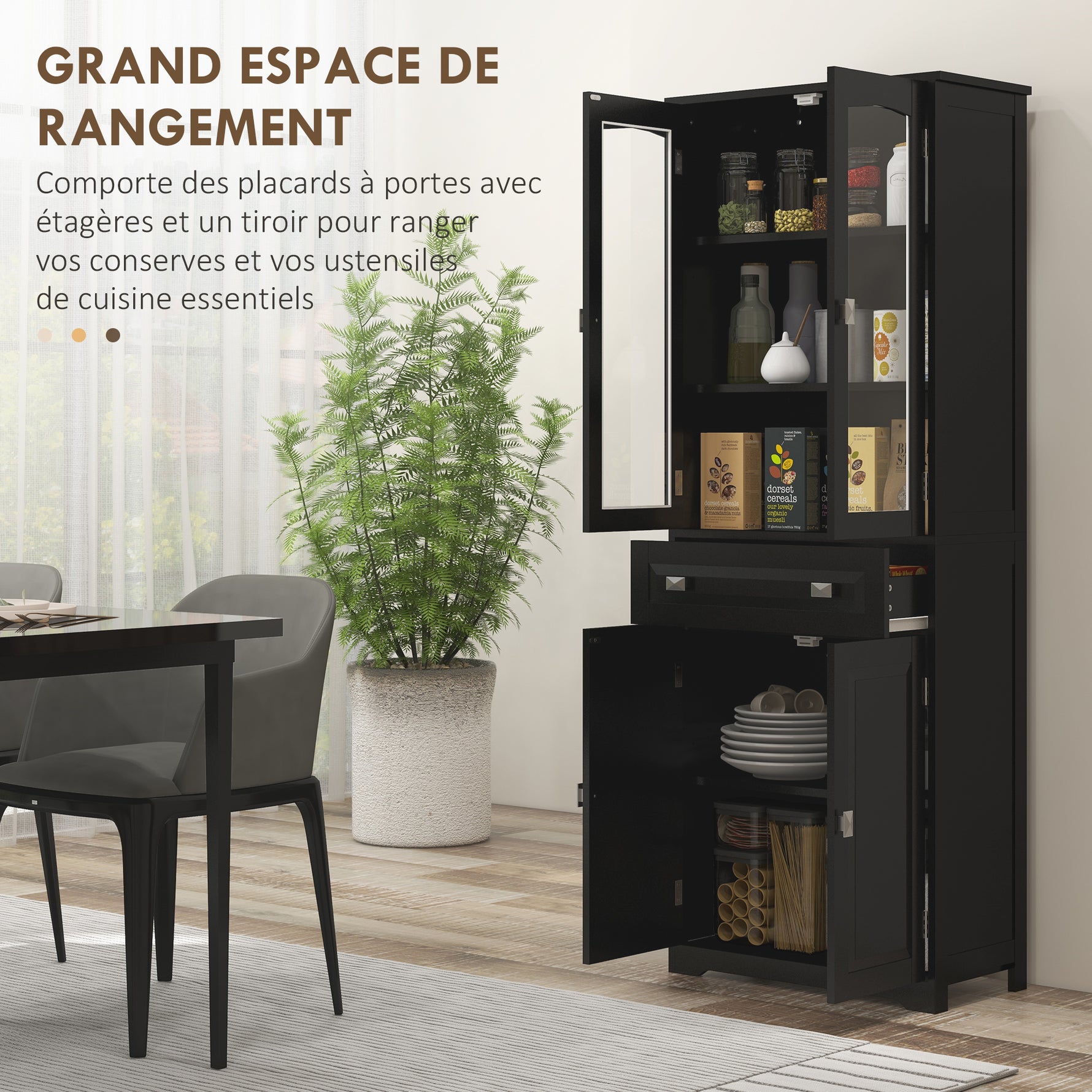 Buffet haut armoire de cuisine 4 portes dont 2 portes vitrées et 1 tiroir hauteur 160 cm avec étagères en bois noir