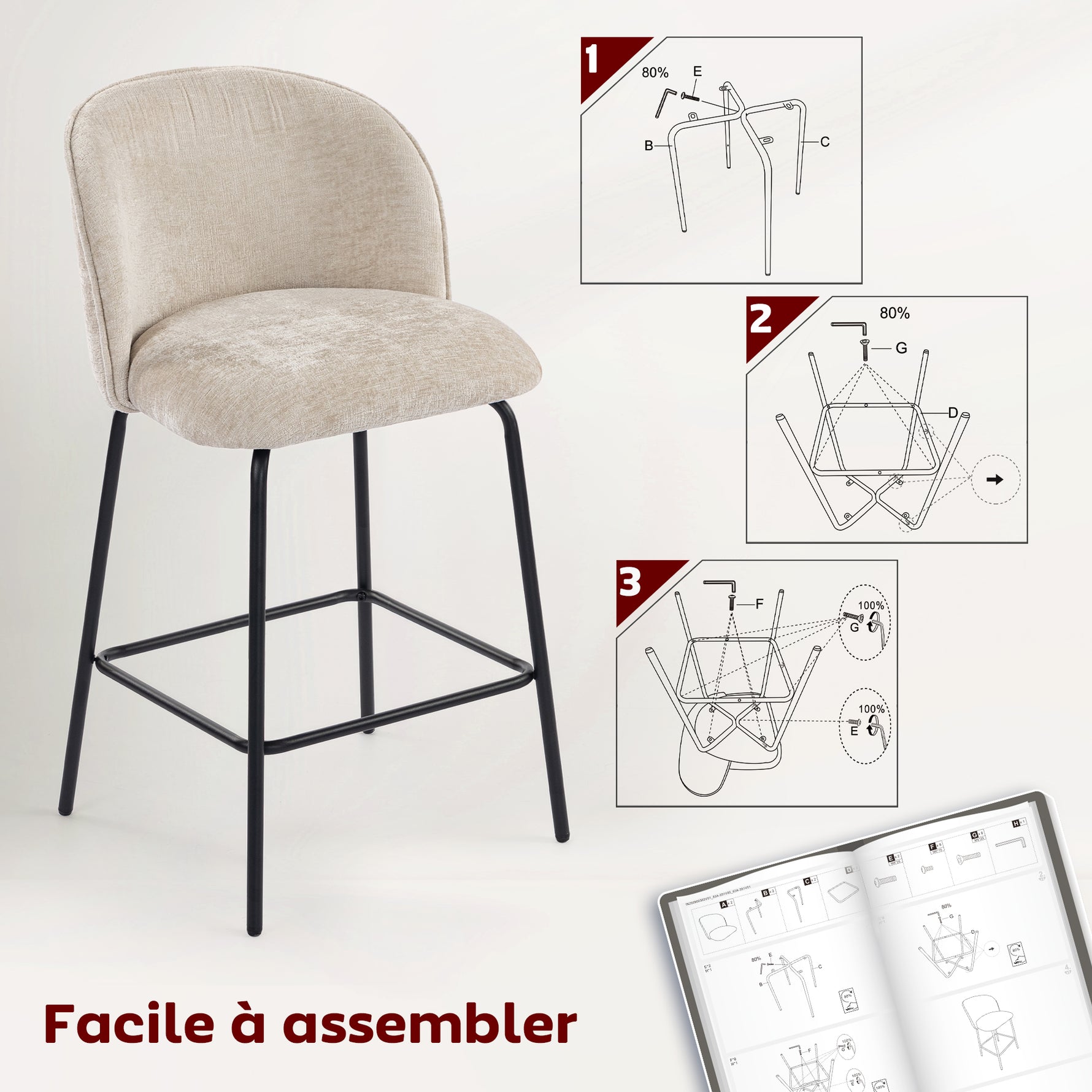 Lot de 2 tabourets de bar, chaises de bar avec repose-pieds et dossier, tissu en chenille, hauteur d'assise 68 cm, beige
