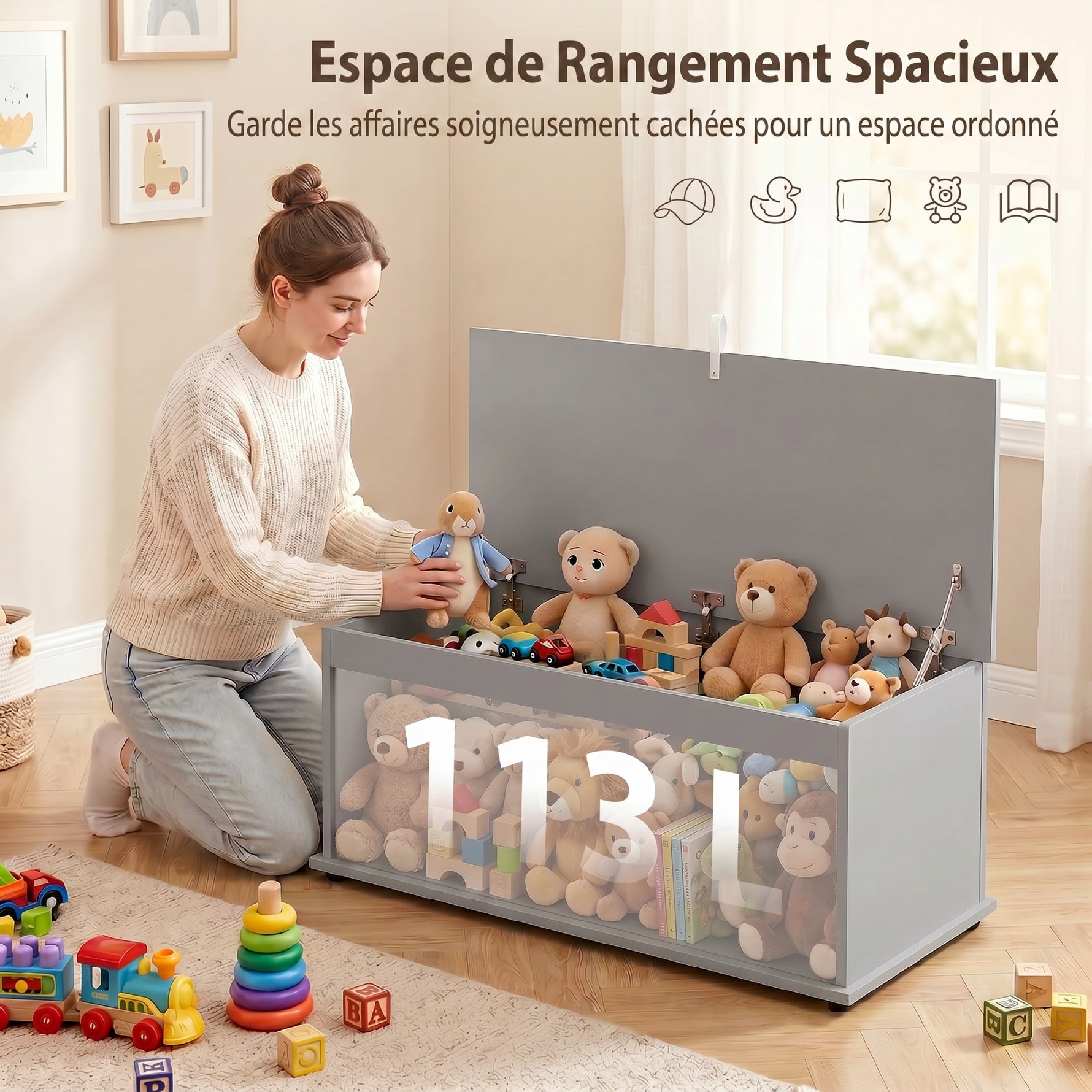 Coffre de rangement, banc de rangement avec couvercle rabattable et charnières de sécurité, 100 x 40 x 40 cm, gris