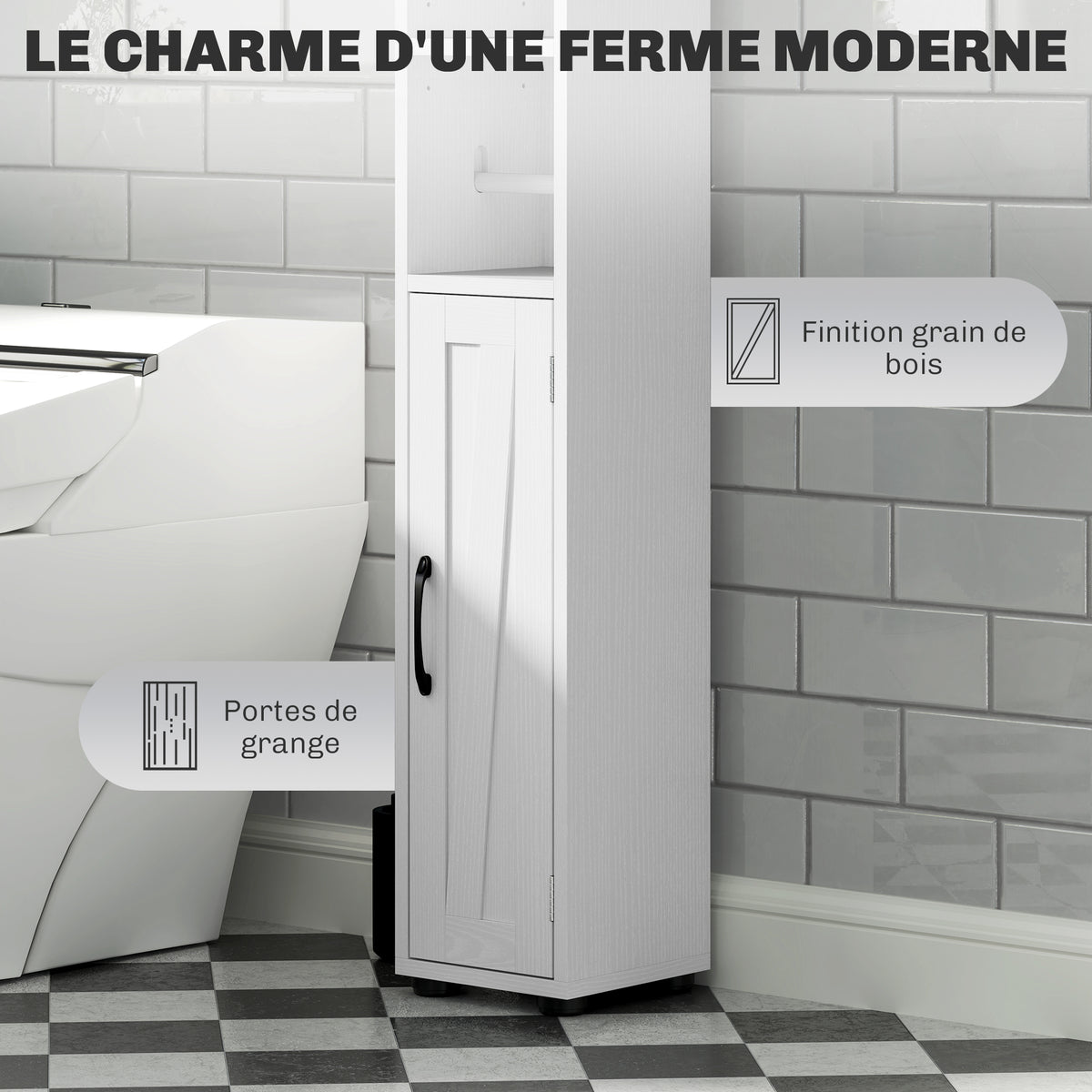 Armoire salle de bain haute, meuble de rangement colonne, 2 portes, tiroir, étagères réglables, 20x20x185cm, blanc