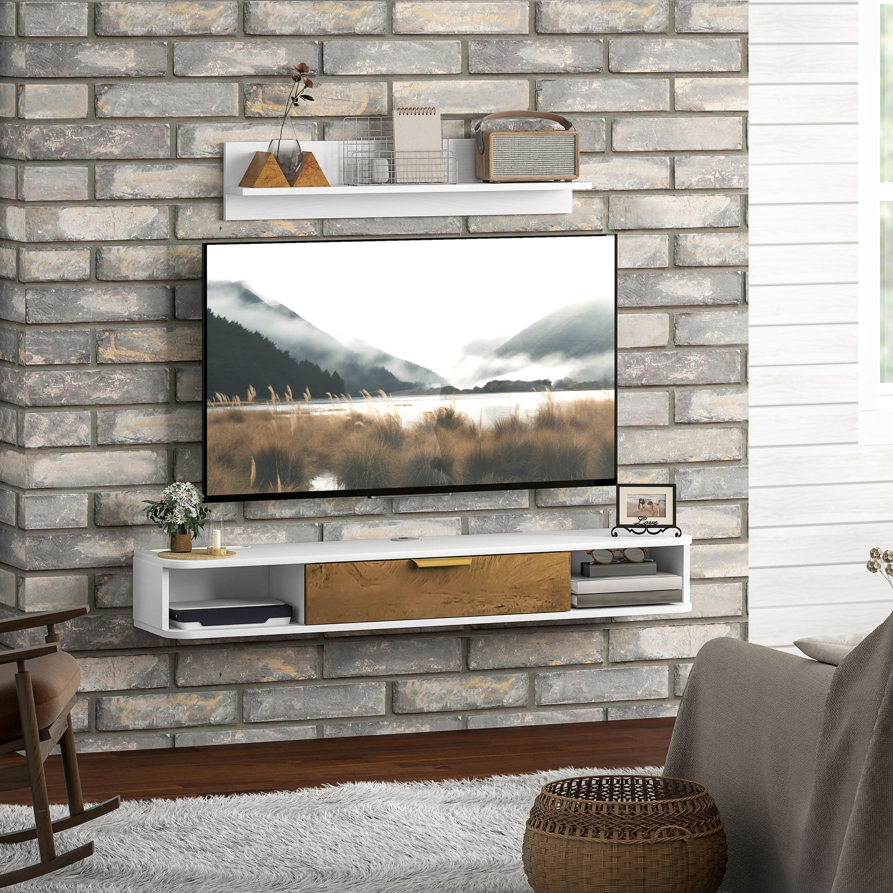 Ensemble meuble TV suspendu avec étagère murale meuble télé bois mural passe-câbles 120 x 24 x 16 cm blanc