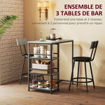 Ensemble table de bar avec 2 tabourets et étagères de rangement pour salle à manger, cuisine, gris et noir