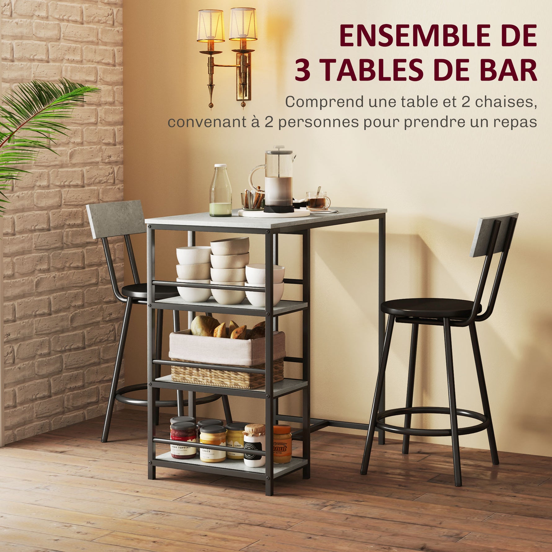 Ensemble table de bar avec 2 tabourets et étagères de rangement pour salle à manger, cuisine, gris et noir