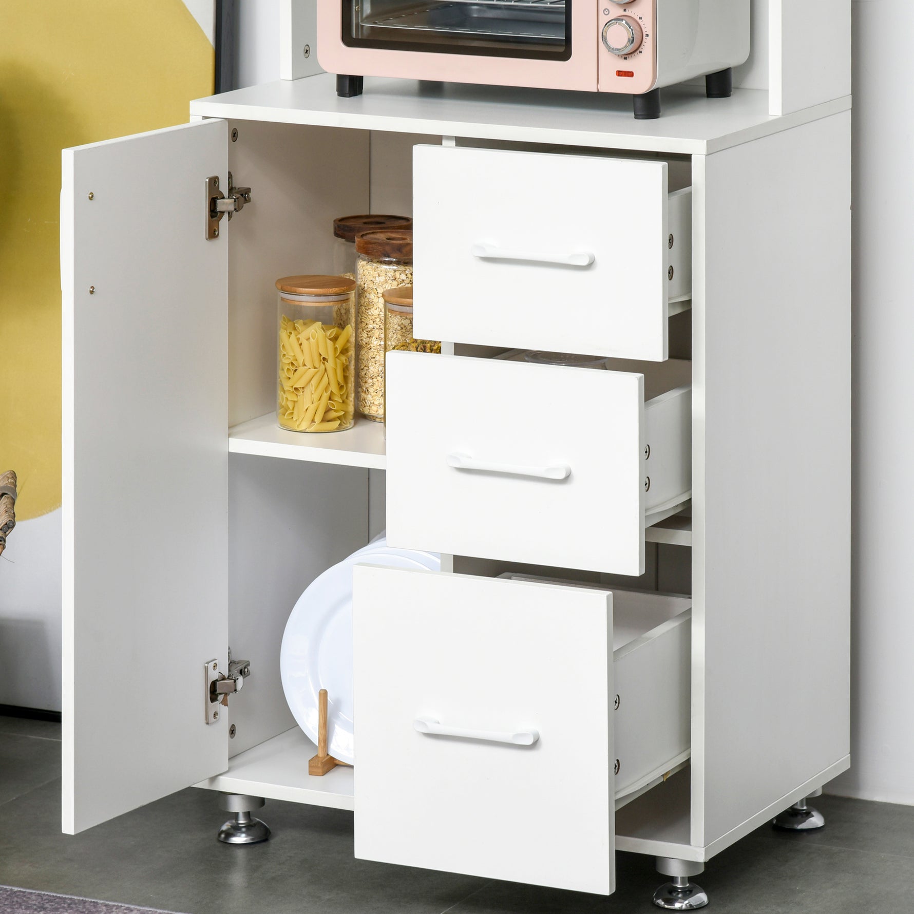 Buffet haut cuisine, armoire de cuisine avec 3 portes, 3 tiroirs et plan de travail, 60 x 40 x 160 cm, blanc