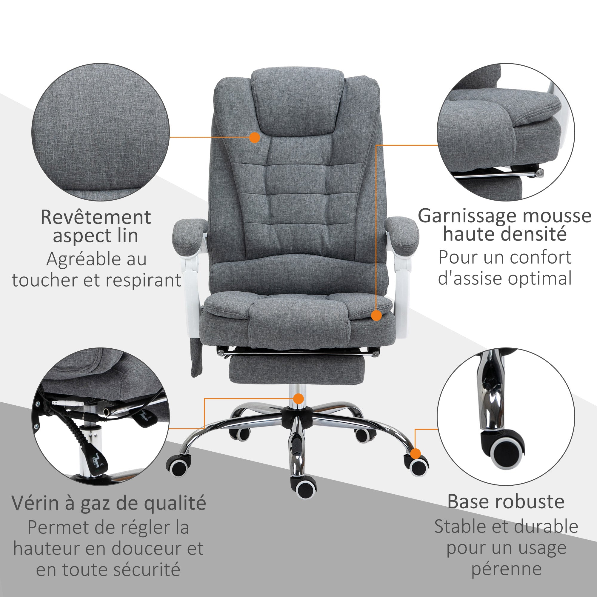 Fauteuil de bureau direction massant chauffant hauteur réglable dossier inclinable toile de lin gris