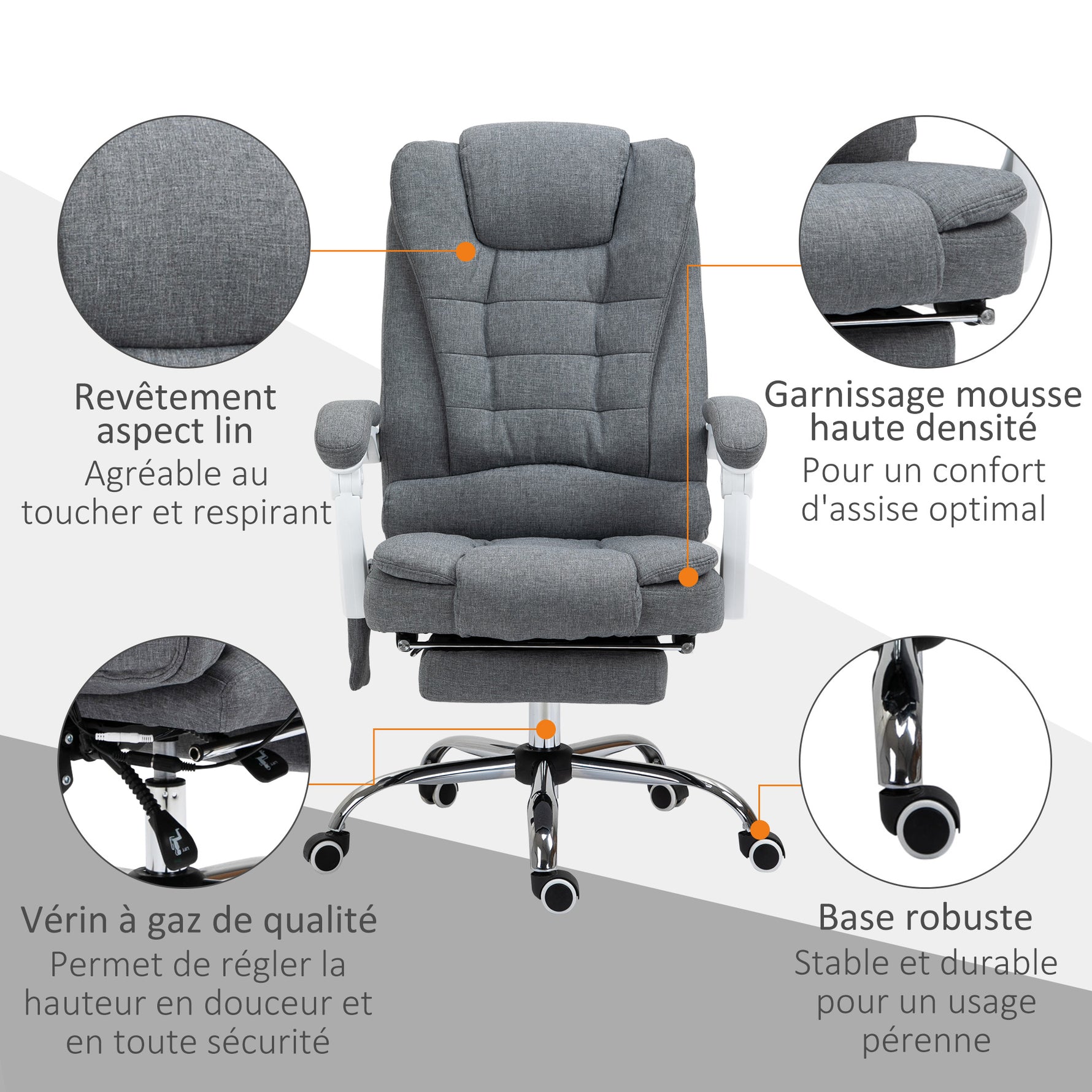 Fauteuil de bureau direction massant chauffant hauteur réglable dossier inclinable toile de lin gris