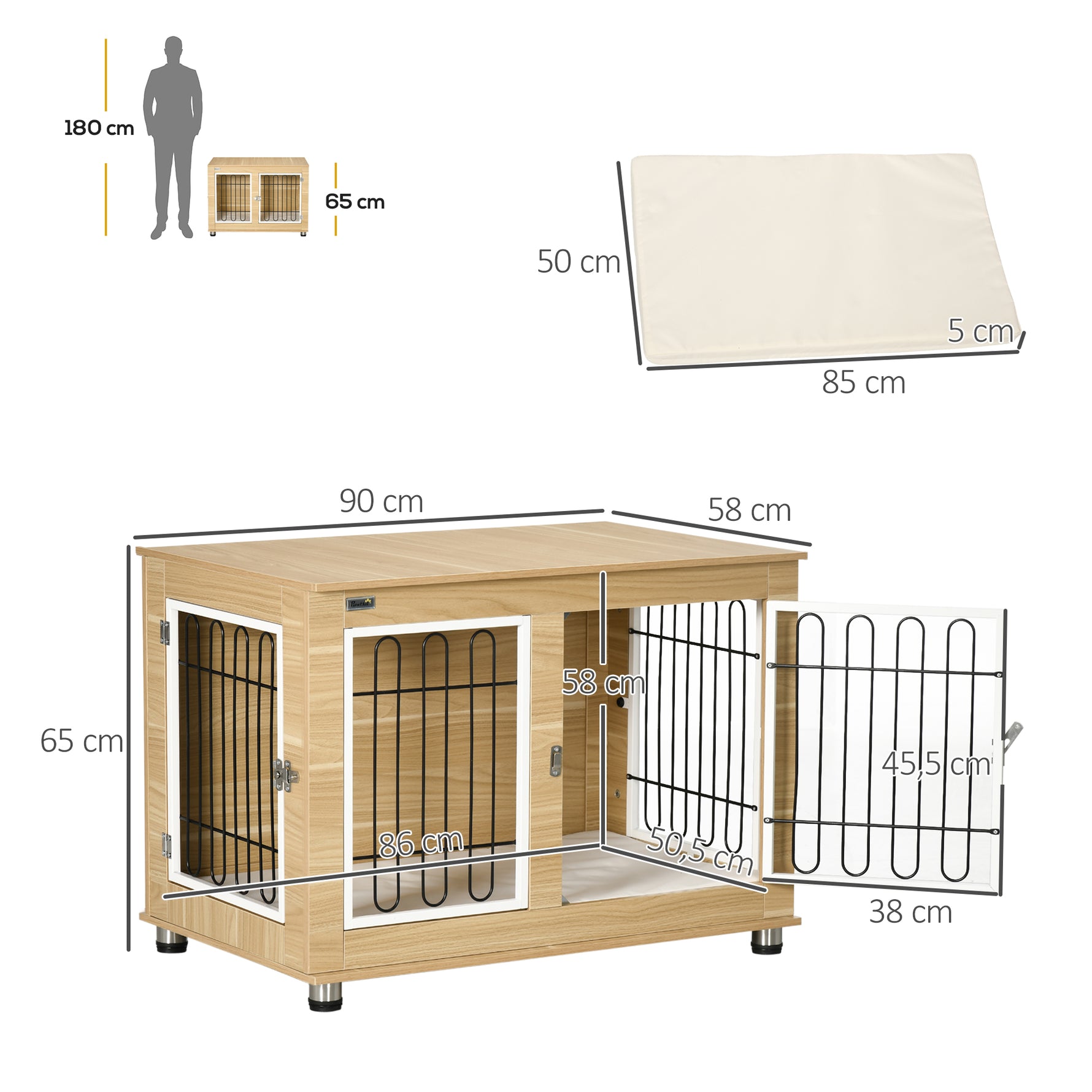 Cage pour chien animaux cage de chien sur pied avec coussin amovible acier aspect bois 90 x 58 x 65 cm
