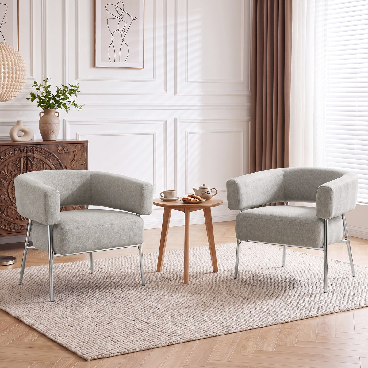 Fauteuil salon, fauteuil d'appoint rembourré en tissu aspect lin, dossier incurvé et accoudoirs, style moderne, marron