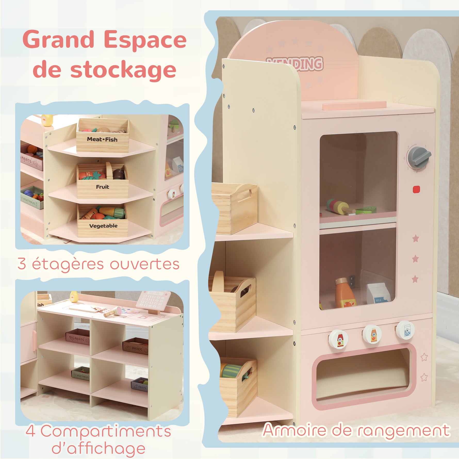 Supermarché pour enfant, marchande en bois, caisse enregistreuse, distributeur et accessoires, 90,7x60x73,8cm, vert