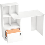 Scrivania con libreria a 4 scomparti e cassetto con serratura, 126 x 50 x 109 cm, venatura del legno bianca