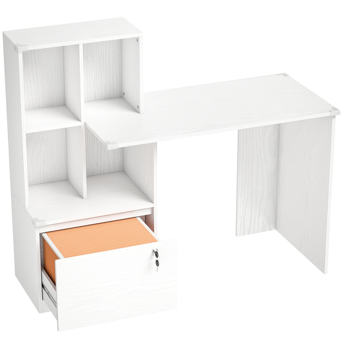 Scrivania con libreria a 4 scomparti e cassetto con serratura, 126 x 50 x 109 cm, venatura del legno bianca