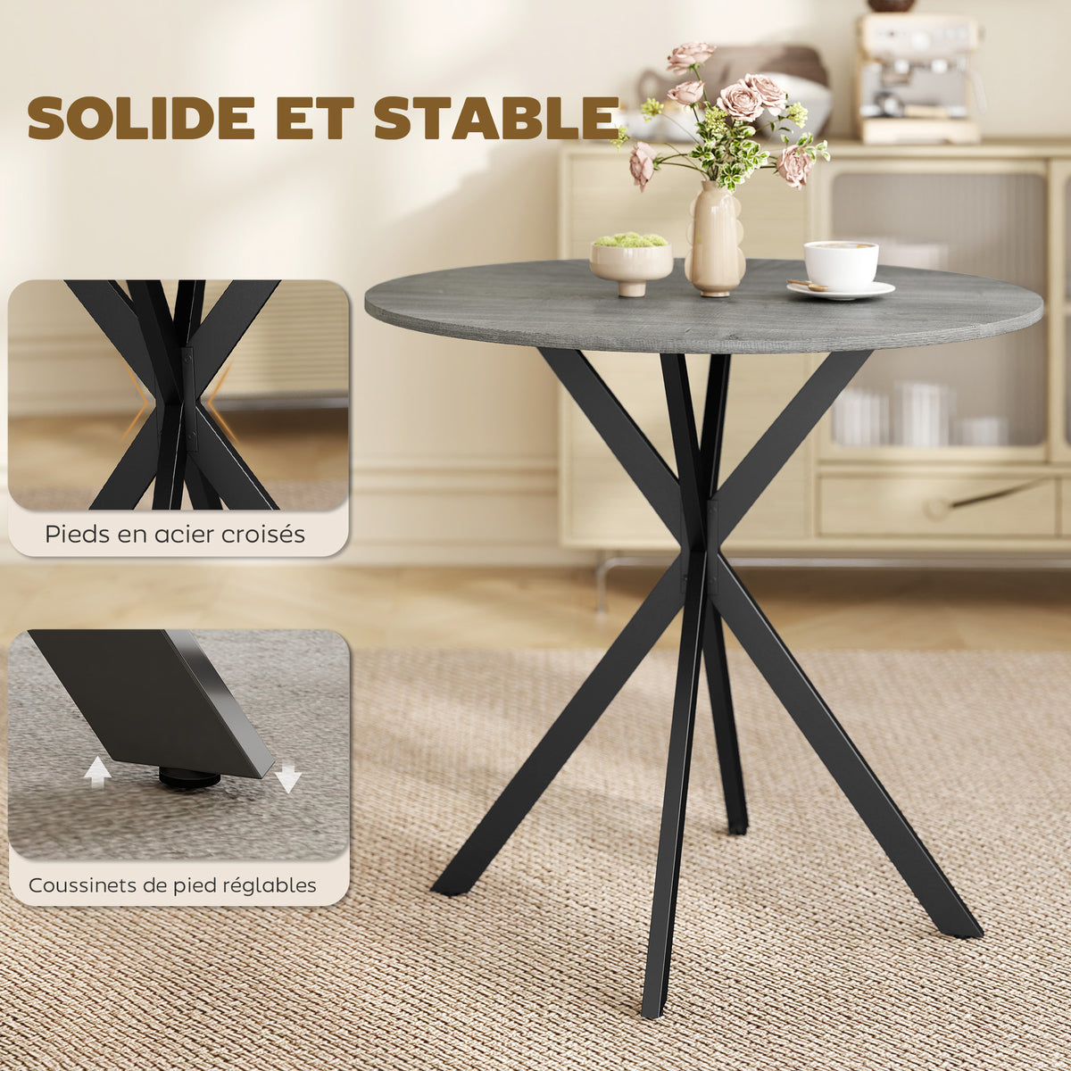 Table à Manger Ronde pour 2 Personnes avec Plateau Aspect Bois et Piètement Croisé en Acier, Gris