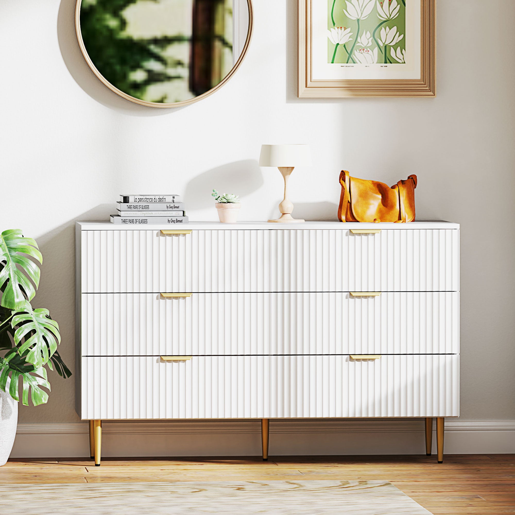 Kommode mit 6 Schubladen, Schlafzimmerkommode, modernes Aufbewahrungsmöbel mit goldenen Griffen und Füßen, 120 x 40 x 76,5 cm, weiß