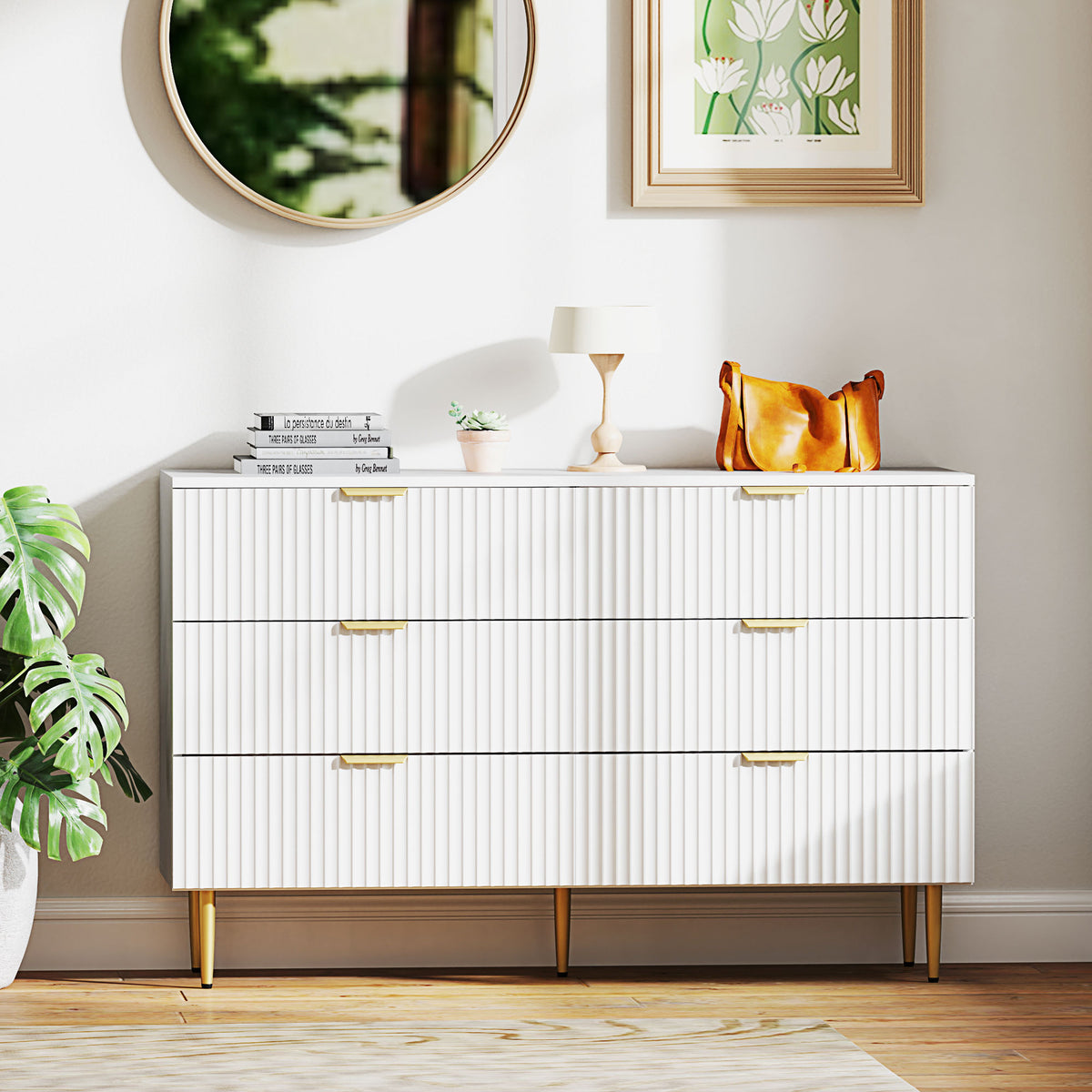 Kommode mit 6 Schubladen, Schlafzimmerkommode, modernes Aufbewahrungsmöbel mit goldenen Griffen und Füßen, 120 x 40 x 76,5 cm, weiß
