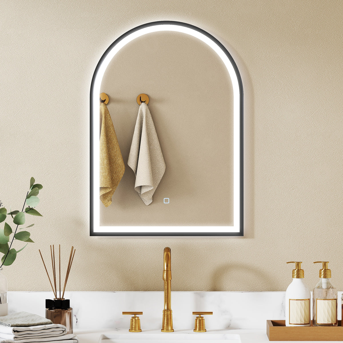 Espejo de baño con iluminación 50 x 70 cm, espejo LED arqueado, antivaho, 3 colores de luz, regulable, memoria, negro